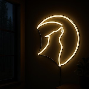 Howling Wolf Neon Sign – LED Wall Decor for Bedroom, Cabin, or Rustic Lodge – Cozy Night Light with Moon Design – Nature & Wildlife Room Aes
