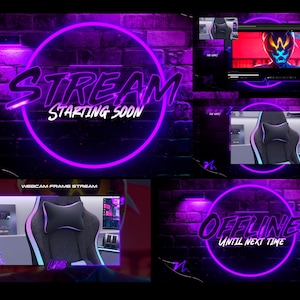 Puede incluir: Un conjunto de superposiciones para streaming digital con un fondo de pared de ladrillo oscuro y acentos circulares de neón morado vibrante. Los gráficos incluyen el texto STREAM STARTING SOON, OFFLINE UNTIL NEXT TIME y WEBCAM FRAME STREAM.
