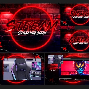Puede incluir: Un conjunto de superposiciones de streaming digital con un círculo de neón rojo sobre un fondo de ladrillo oscuro. El texto incluye STREAM STARTING SOON, PAUSE I'LL BE BACK SHORTLY y OFFLINE UNTIL NEXT TIME. Incluye gráficos de silla gaming.