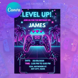 Editable Neon Gamer Birthday Invitation with Thank You Card, Video Game Level Up Invite, Canva Template, Boy Gaming Party, Retro Arcade.