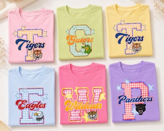 Personalized Gingham Mascot Shirt for Teachers,Custom Varsity Letter Tee,Back to School Outfit,Team Spirit Game Day Gift,Coach Apparel