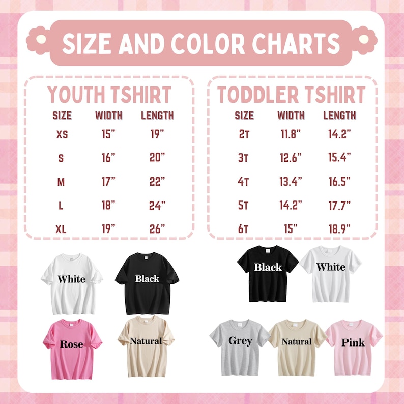 Puede incluir: Una tabla de tallas y colores para camisetas juveniles y para ni&ntilde;os peque&ntilde;os. La tabla incluye medidas de talla, ancho y largo en pulgadas. Se muestran varios colores de camisetas, incluyendo blanco, negro, rosa, natural, gris y rosa.