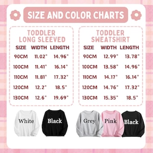 Puede incluir: Una tabla de tallas y colores para camisetas de manga larga y sudaderas para ni&ntilde;os peque&ntilde;os. La tabla incluye medidas en cm para tallas de 90 cm a 130 cm. Los colores disponibles son blanco, negro, gris y rosa.