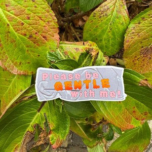 May include: A sticker with the text "Please be GENTLE with me!" in orange and pink lettering on a silver background. The sticker is placed on a bed of green and brown leaves.
