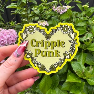 CRIPPLE PUNK | Large Green floral heart | gloss vinyl Sticker with protective coating