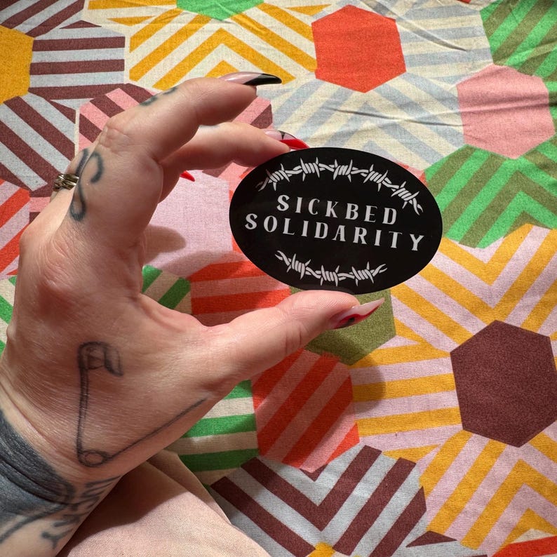 hand holding SICKBED SOLIDARITY | black and white, barbed wire, oval sticker on colourful background