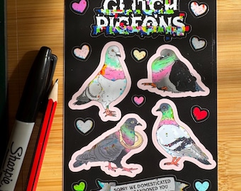 Stickervel GLITCH PIGEONS | A5 glanzend vinyl met beschermende coating