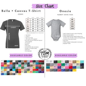 May include: Size chart for Bella + Canvas T-shirts and Rabbit Skins onesies. The chart includes measurements in inches for chest, length, and sleeve. Available colours are displayed below the size chart. The T-shirt is Ashalt colour.
