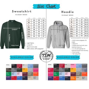 May include: Size chart for Gildan 18000 sweatshirt and Gildan 18500 hoodie. Includes chest, length, and sleeve measurements in inches. Available colours include white, black, red, and more. The text "TDM TEE DESIGNED BY MEGAN" is also visible.
