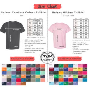 May include: Size chart for unisex t-shirts, including Comfort Colors and Gildan brands. Chest and length measurements are provided in inches for different sizes, with available colours listed. The Comfort Colors shirt is pepper-coloured, and the Gildan shirt is light pink.