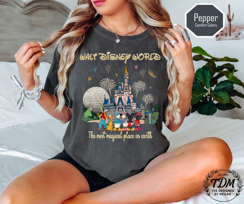 May include: Dark grey t-shirt with a colourful graphic of Cinderella's castle, Spaceship Earth, and fireworks, with the text "WALT DISNEY WORLD" and "The most magical place on earth". The shirt is a Pepper Comfort Colors tee.