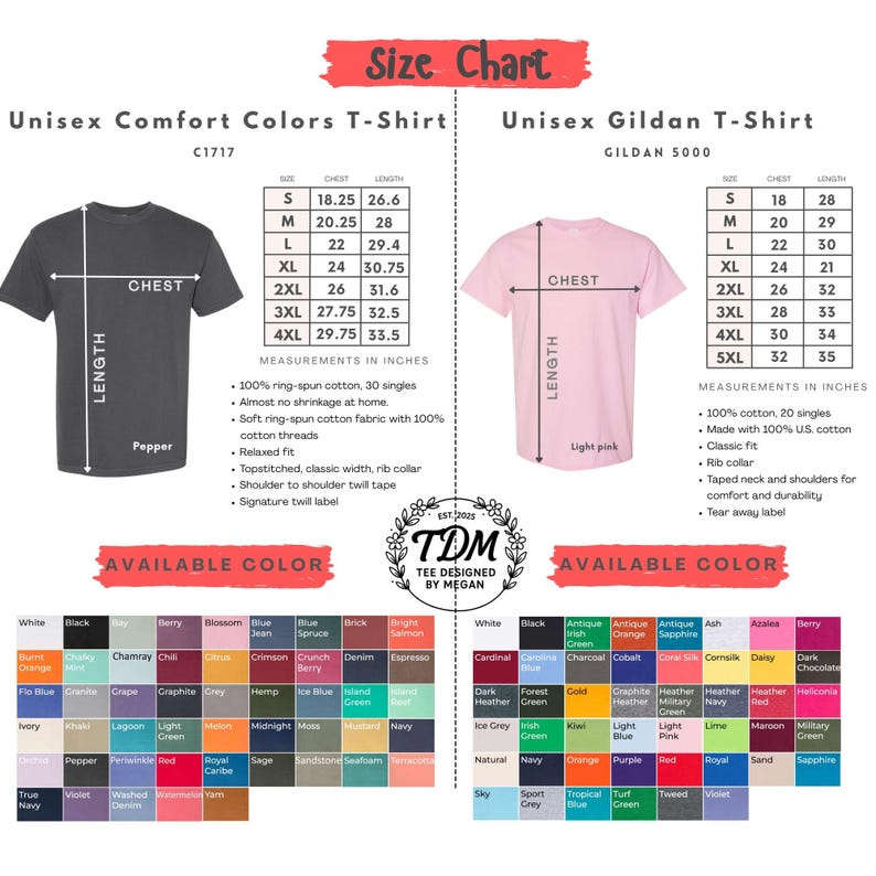 Puede incluir: Tabla de tallas para camisetas unisex, con las marcas Comfort Colors y Gildan. Incluye medidas de pecho y largo en pulgadas para varias tallas, junto con opciones de color disponibles. La camiseta Comfort Colors es de color pimienta, y la camiseta Gildan es rosa claro.