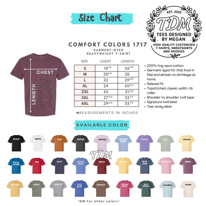 K&ouml;nnte beinhalten: Ein weinrotes Comfort Colors Heavyweight T-Shirt mit Gr&ouml;&szlig;entabelle und Farbauswahl. Die Gr&ouml;&szlig;entabelle zeigt Brust- und L&auml;ngenma&szlig;e in Zoll. Das T-Shirt tr&auml;gt den Text "TDM Tees Designed by Megan."