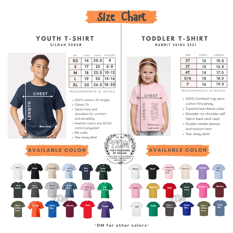 K&ouml;nnte beinhalten: Gr&ouml;&szlig;entabelle f&uuml;r T-Shirts f&uuml;r Jugendliche und Kleinkinder, mit Ma&szlig;en in Zoll. Eine Vielzahl von Farben ist verf&uuml;gbar. Das Jugend-T-Shirt ist Gildan 5000B, und das Kleinkind-T-Shirt ist Rabbit Skins 3321.