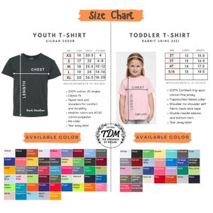 May include: Size chart for youth and toddler t-shirts, with measurements in inches. Includes a dark heather youth t-shirt and a light pink toddler t-shirt. Available colours are listed below the size charts.