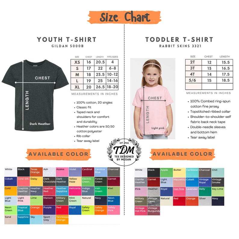 May include: Size chart for youth and toddler t-shirts, with measurements in inches. Includes a dark heather youth t-shirt and a light pink toddler t-shirt. Available colours are listed below the size charts.