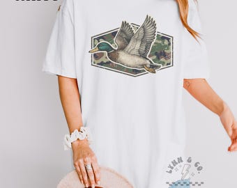 Flying Duck Camo Tee | Southern Hunting Graphic Shirt | Country Cabin Vibes | Vintage Nature Tee | Comfort Colors Shirt