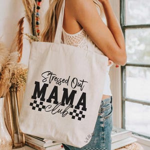 Stressed Out Mama Club Tote Bag | Cute Mom Canvas Bag | Checkered Coquette Design | Eco-Friendly Reusable Tote | Gift for Tired Moms image 2