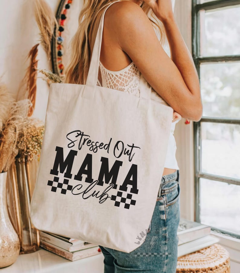 Stressed Out Mama Club Tote Bag | Cute Mom Canvas Bag | Checkered Coquette Design | Eco-Friendly Reusable Tote | Gift for Tired Moms image 2