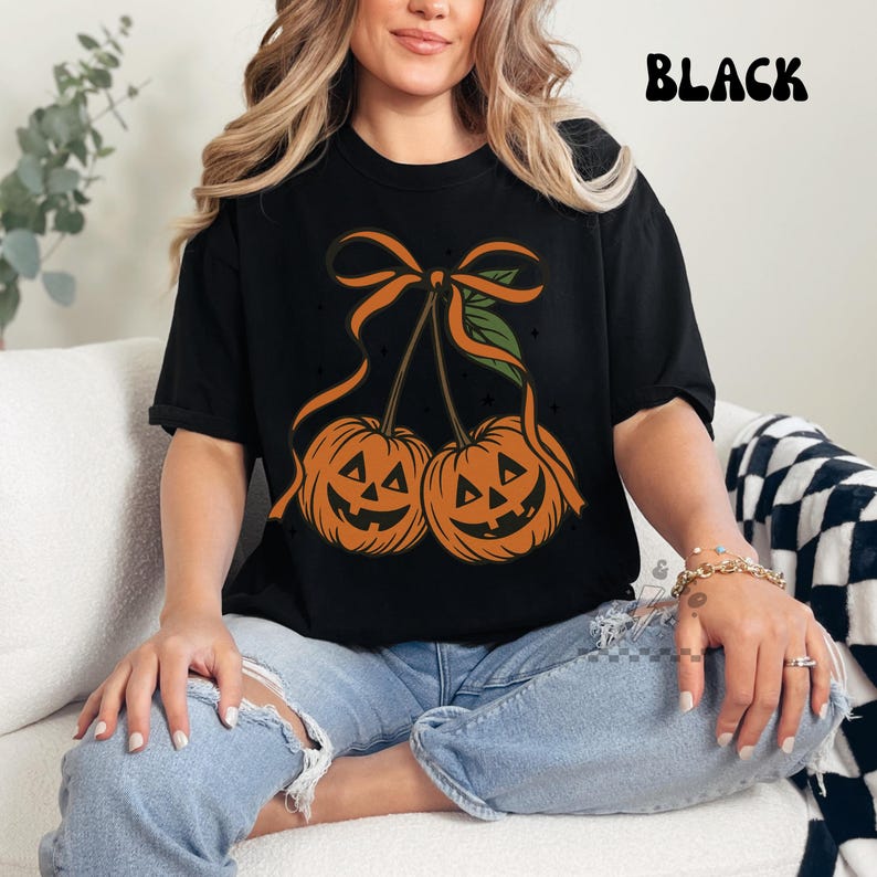 Chemise citrouille cerise | T-shirt graphique d'automne Coquette | Esthétique noeud et citrouille | Chemise girly d'automne | Chemise d'Halloween girly | Chemise Comfort Colors image 7