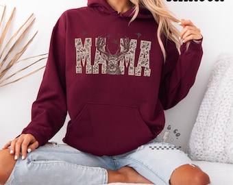 Mama Camo Buck Hoodie | Hunting Mom Graphic Sweatshirt | Outdoorsy Country Style Gildan Hoodie | Rustic Hunting Gift | Gildan Hoodie