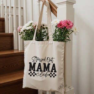 Stressed Out Mama Club Tote Bag | Cute Mom Canvas Bag | Checkered Coquette Design | Eco-Friendly Reusable Tote | Gift for Tired Moms image 3