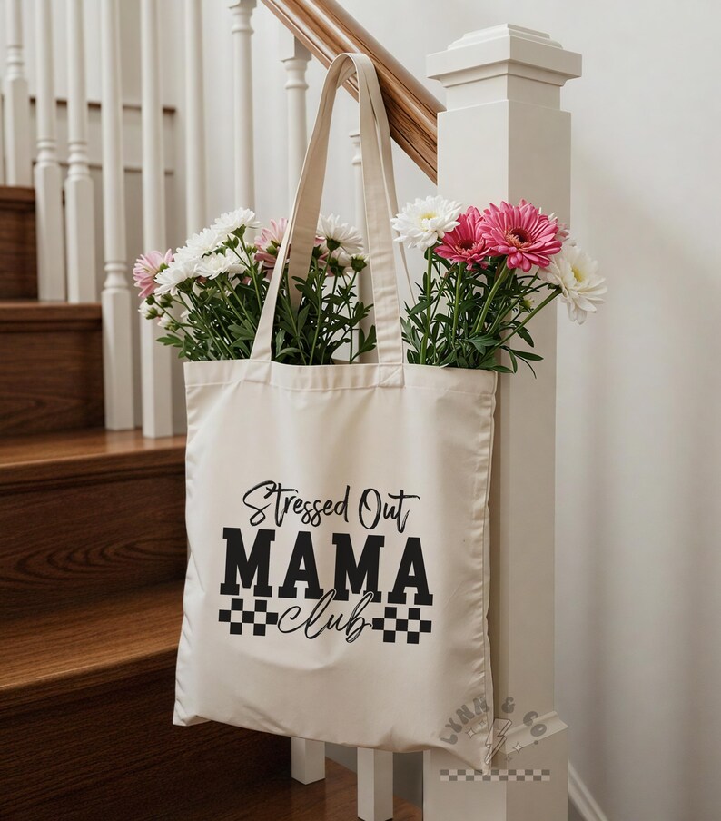 Stressed Out Mama Club Tote Bag | Cute Mom Canvas Bag | Checkered Coquette Design | Eco-Friendly Reusable Tote | Gift for Tired Moms image 3