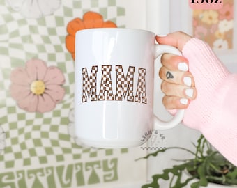 Brown Checkered Mama Mug | Retro Mom Coffee Mug | Cute Checkered Pattern Drinkware | Mom Gift Idea | 11oz & 15oz Ceramic Mug