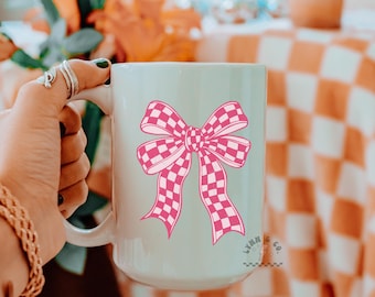 Hot Pink Checkered Bow Mug | Retro Ceramic Coffee Cup | Cute Coquette Style Mug | Cozy Drinkware Gift | Dishwasher Safe | Gift for Her