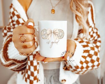 Coquette God Is Good Mug | Christian Faith Ceramic Coffee Cup | Inspirational Religious Gift | Floral Design Mug | Dishwasher Safe Mug