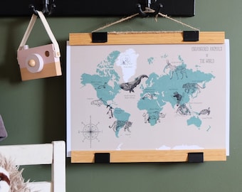 Endangered Animals World Map Print: Scandi Kids Decor (A3)