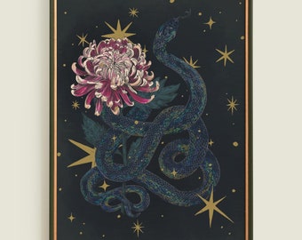 Formosa Snake and Chrysanthemum Art Print: Japanese Illustration