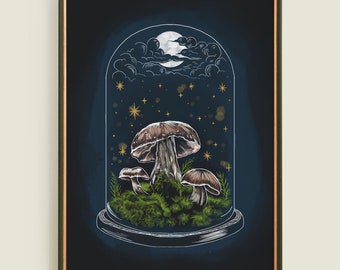 Mushroom Bell Jar Print: Whimsical Fungi Illustration (Recycled Card)