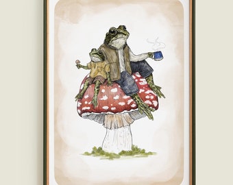 Frog and Toadstool Art Print: Fashionable Amphibians (Digital Print)