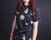 All seeing eye T-shirt - BLACK FRIDAY SALE - Sublimation dye, palmistry hand, Alchemy symbols, Unisex t-shirt, Sun and Moon, All seeing eye