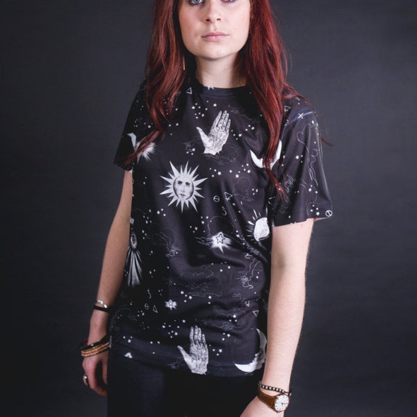 All seeing eye T-shirt - BLACK FRIDAY SALE - Sublimation dye, palmistry hand, Alchemy symbols, Unisex t-shirt, Sun and Moon, All seeing eye