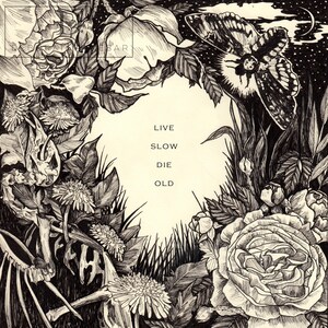 May include: Black and white illustration of a floral arrangement with a moth, a skull, and the text "LIVE SLOW DIE OLD".