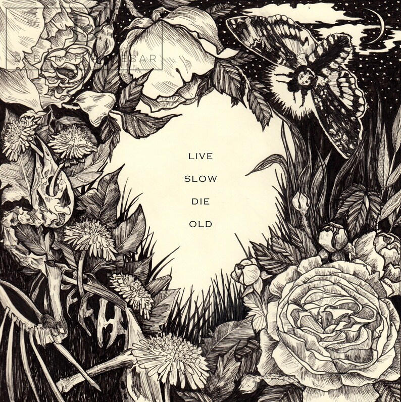 May include: Black and white illustration of a floral arrangement with a moth, a skull, and the text "LIVE SLOW DIE OLD".