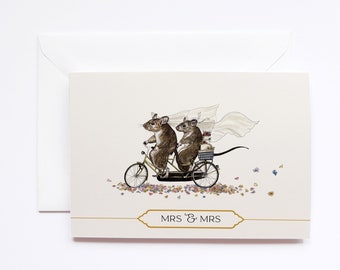 Mrs & Mrs Wedding Card: Bride Mice Tandem Bicycle