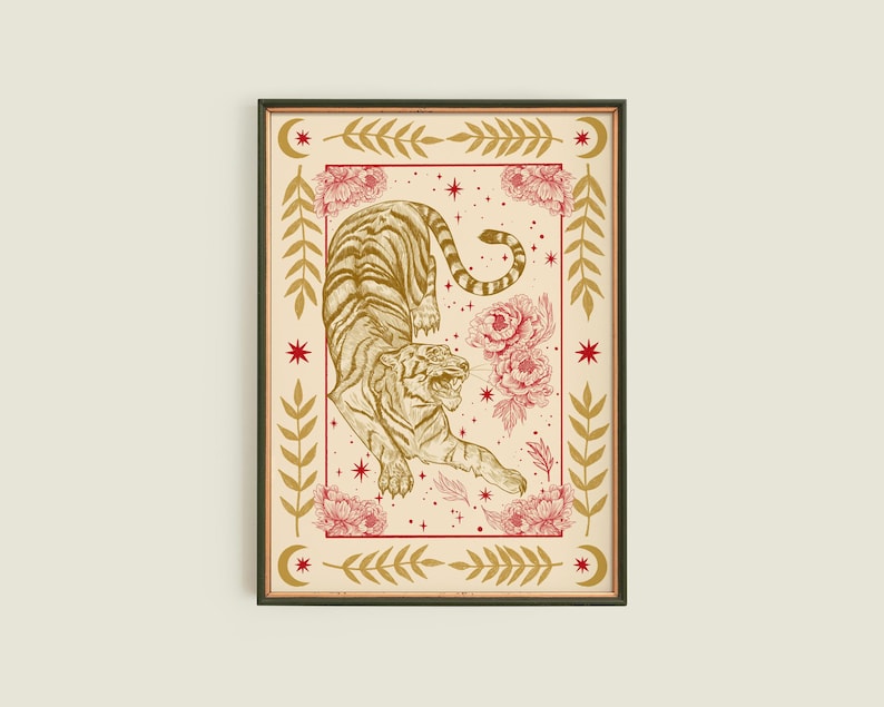 May include: A gold and red illustration of a tiger with a floral border. The tiger is depicted in a dynamic pose with its mouth open and its tail curled. The floral border features red flowers and gold leaves.