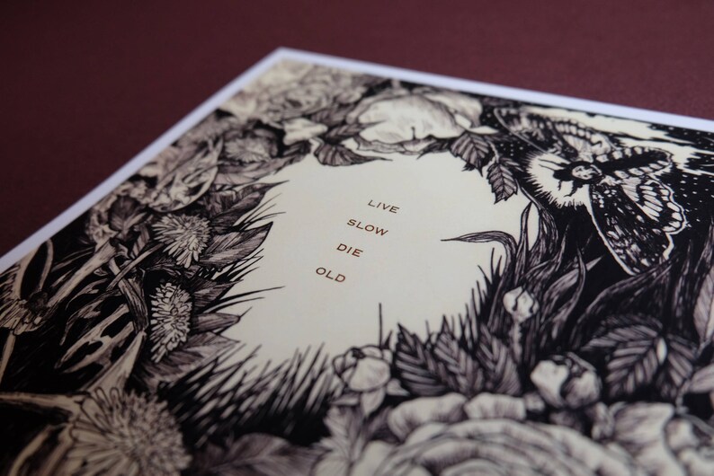 May include: Black and white illustration of flowers, leaves, and a butterfly surrounding the text "Live Slow Die Old".