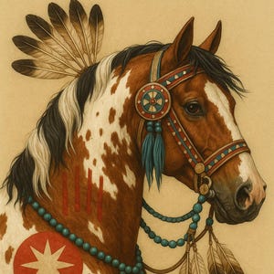 May include: A detailed illustration of a horse with a brown and white coat, adorned with Native American-inspired decorations. The horse wears a beaded bridle, a feathered headdress, and a red and white emblem on its chest. The artwork has a vintage aesthetic.