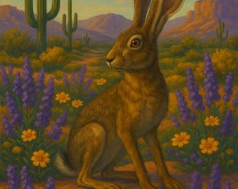 Liebre en un prado de flores silvestres del desierto – Arte animal primaveral del suroeste / Impresión digital vibrante de vida silvestre / Descarga instantánea