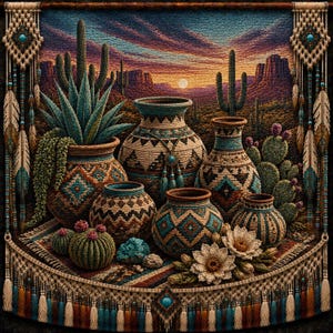Puede incluir: Un tapiz de pared que muestra un paisaje desértico al atardecer con cactus saguaro, cinco vasijas de cerámica estampadas y cactus pequeños. La pieza está enmarcada por bordes de macramé con plumas, cuentas y borlas en tonos tierra.