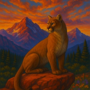 Mountain Lion on Crimson Cliff – Sunset Mountain Wildlife Digital Print | Vibrant Cougar Wall Art | Instant Download