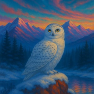 Snowy Owl at Dusk – Arctic Wildlife Wall Art | Aurora Borealis Mountain Print | Winter Nature Digital Download