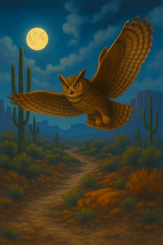 Great Horned Owl in a Moonlit Desert – Nocturnal Wildlife Print | Southwestern Night Sky Digit