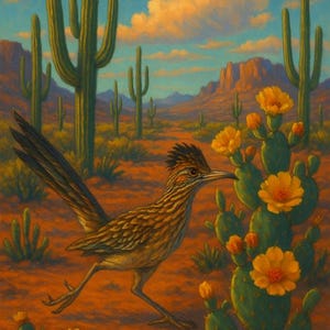 Roadrunner et cactus en fleurs – oeuvre d&#39;art murale Faune du désert | Impression numérique dynamique du sud-ouest | Téléchargement instantané