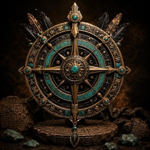 Luxury Southwestern Compass Wall Art, Turquoise Cosmic Relic Decor, Cinematic Museum Artifact