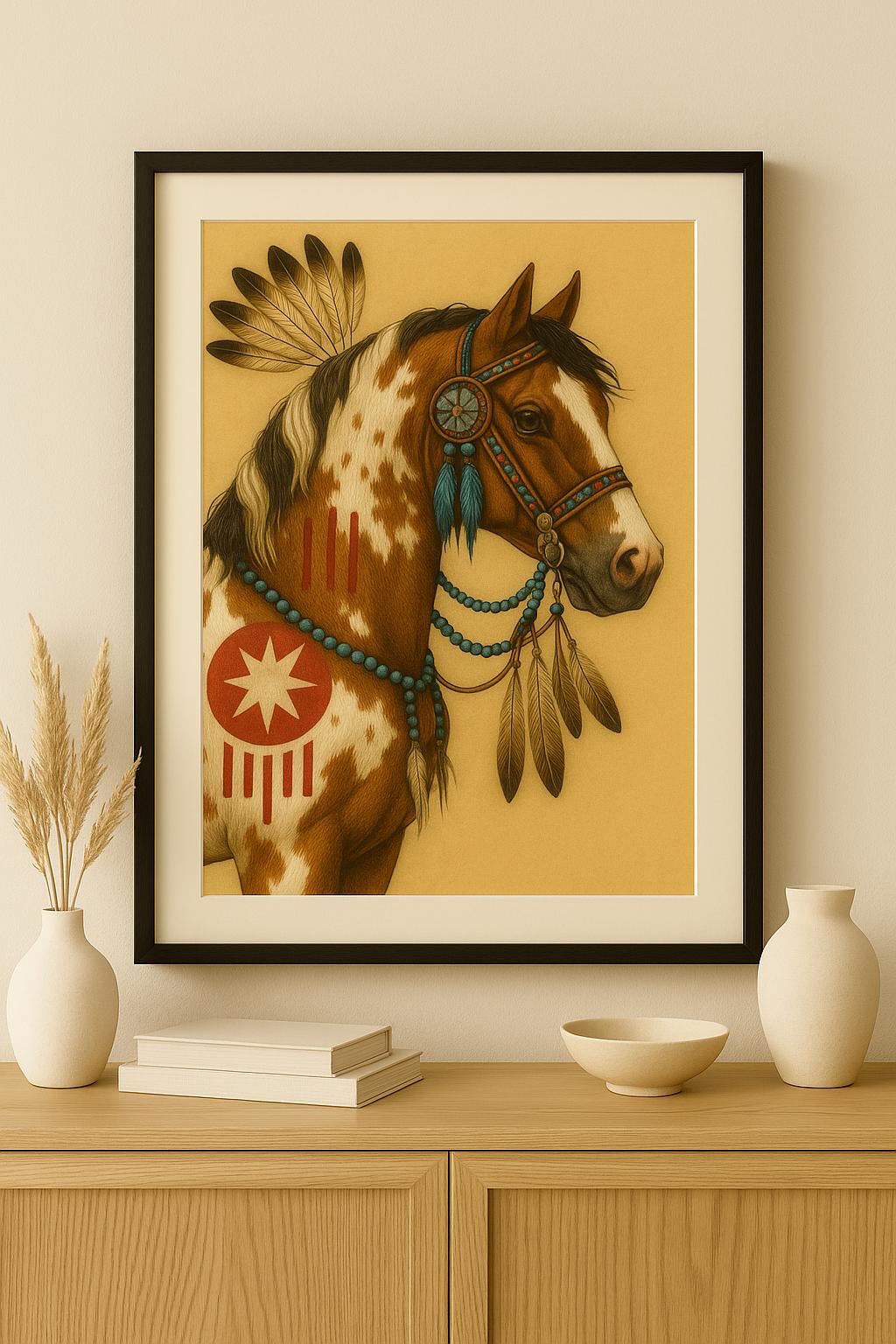 スターシールドポニー – ターコイズビーズと赤いシンボルをあしらったトライバルピント | ネイティブアメリカン軍馬プリント（デジタルダウンロード） -  Etsy 日本, image size:1024x1536